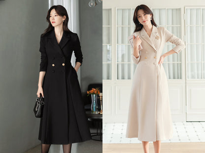 Classic Elegant Feminin Double Breasted Dress / Korean Style Midi Long Dress / Modern Chic Tailored Collar Dress / Jacket Coat Style Dress