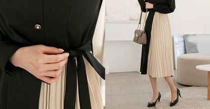 Black and Beige Midi Dress with Strap / Unbalance Side Pleated Long Dress / Korean Style Women Dress / Elegant Feminin Dress