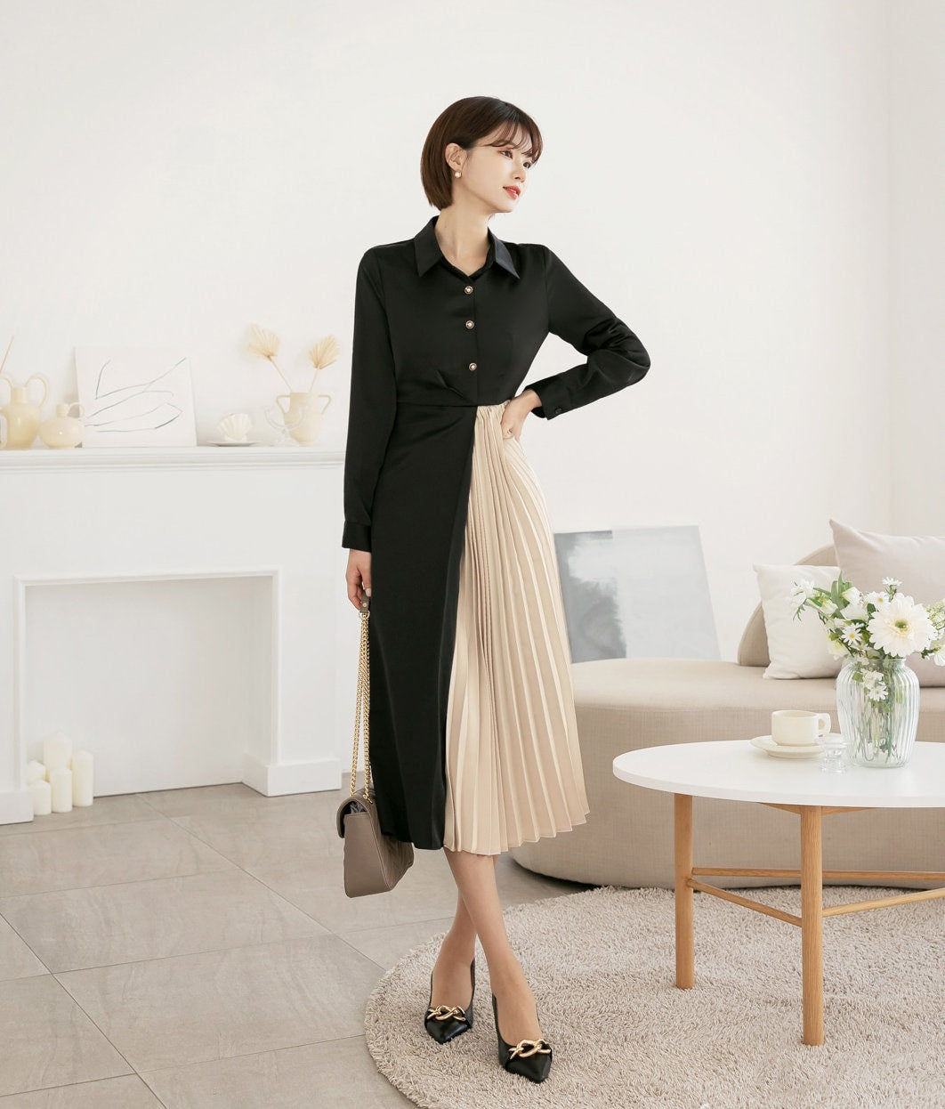 Black and Beige Midi Dress with Strap / Unbalance Side Pleated Long Dress / Korean Style Women Dress / Elegant Feminin Dress