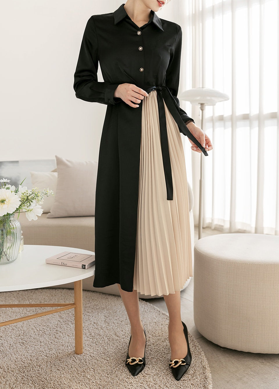 Black and Beige Midi Dress with Strap / Unbalance Side Pleated Long Dress / Korean Style Women Dress / Elegant Feminin Dress