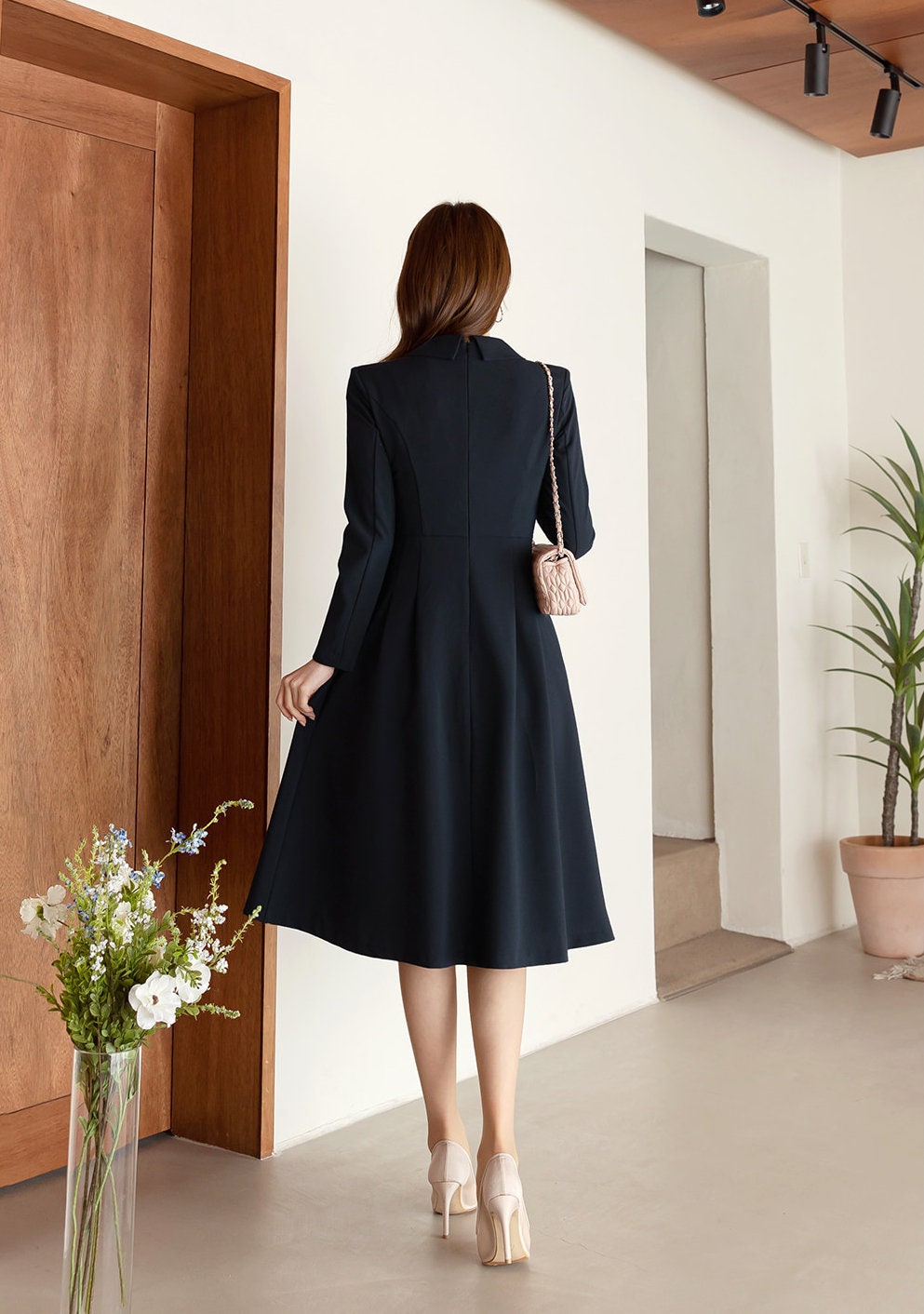 Cropped Jacket Layered Design Flare Dress / Korean Style Women Midi Dress / Elegant Feminin Dress / Basic Style Flare Midi Dress Navy Color