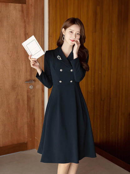 Cropped Jacket Layered Design Flare Dress / Korean Style Women Midi Dress / Elegant Feminin Dress / Basic Style Flare Midi Dress Navy Color