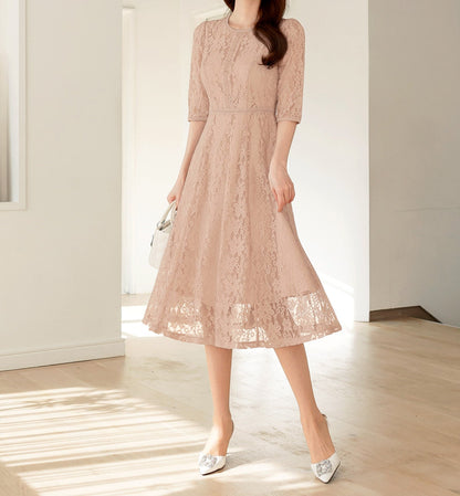 Half Sleeve Floral Pattern Lace Flare Dress / Korean Style Flower Lace Midi Dress / Luxury wear Elegant Dress