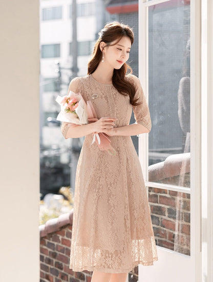 Half Sleeve Floral Pattern Lace Flare Dress / Korean Style Flower Lace Midi Dress / Luxury wear Elegant Dress