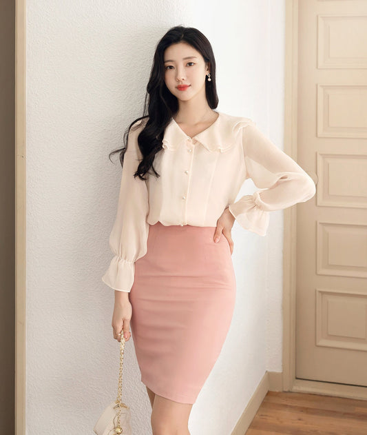 Lovely Feminine Long Sleeve Chiffon Blouse / Korean Style Wrinkle Chiffon Ruffled collar Blouse Top / Office Look Top / Everyday Soft Blouse