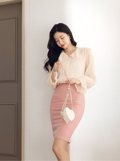 Lovely Feminine Long Sleeve Chiffon Blouse / Korean Style Wrinkle Chiffon Ruffled collar Blouse Top / Office Look Top / Everyday Soft Blouse