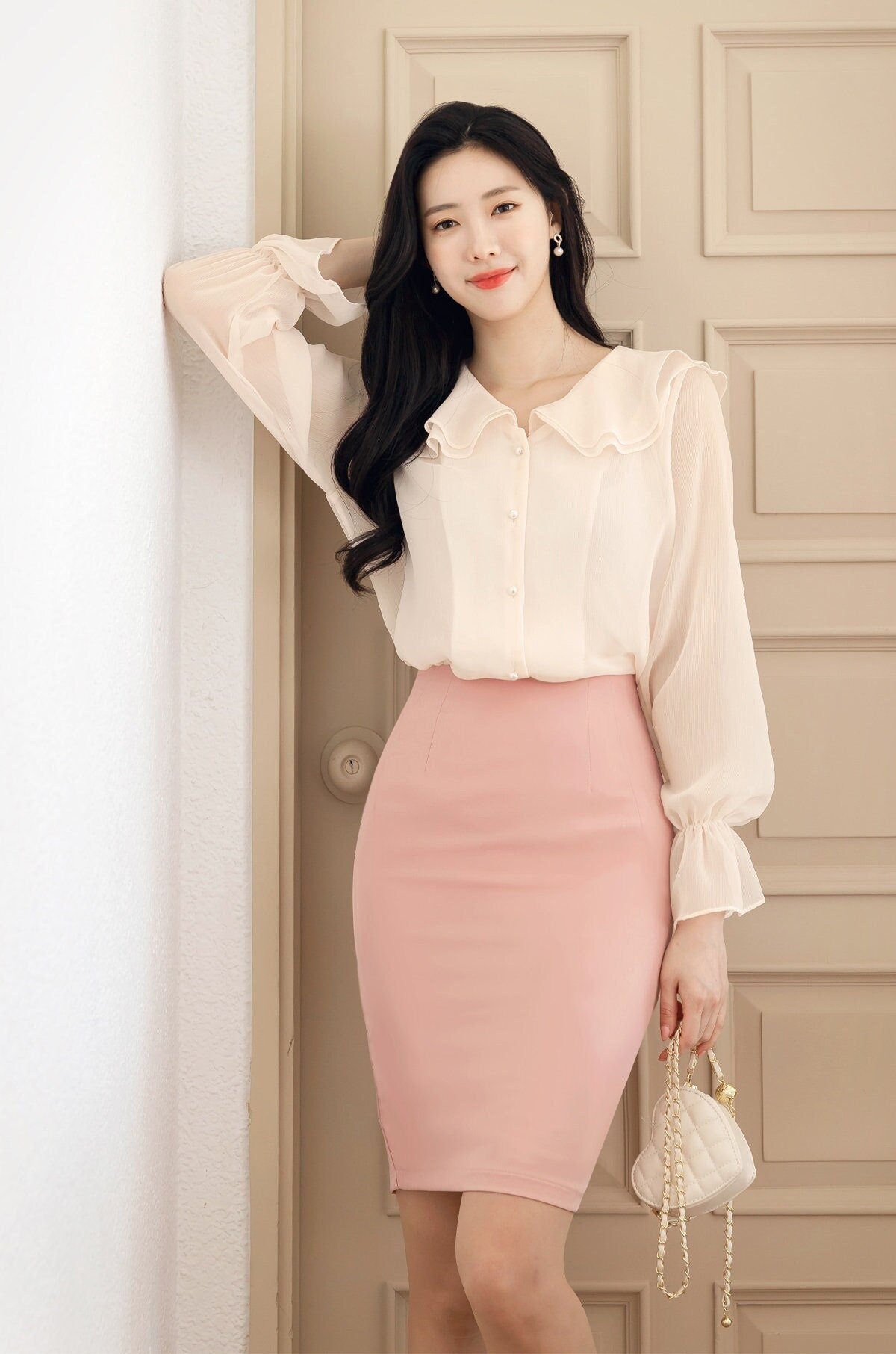 Lovely Feminine Long Sleeve Chiffon Blouse / Korean Style Wrinkle Chiffon Ruffled collar Blouse Top / Office Look Top / Everyday Soft Blouse