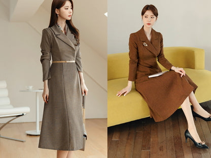 Tailored Collar Tweed Midi Dress Jacket Style Dress / Korean Style Elegant Feminin Midi Dress / Long Sleeve Chic Luxury Jacket Style Dress