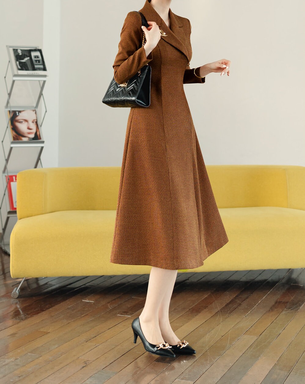 Tailored Collar Tweed Midi Dress Jacket Style Dress / Korean Style Elegant Feminin Midi Dress / Long Sleeve Chic Luxury Jacket Style Dress