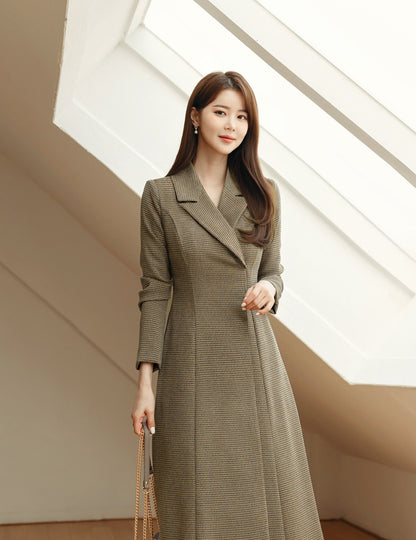 Tailored Collar Tweed Midi Dress Jacket Style Dress / Korean Style Elegant Feminin Midi Dress / Long Sleeve Chic Luxury Jacket Style Dress