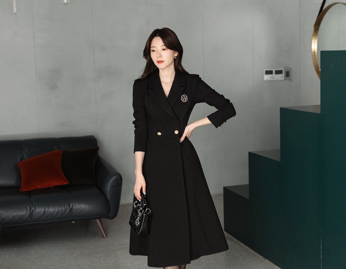 Classic Elegant Feminin Double Breasted Dress / Korean Style Midi Long Dress / Modern Chic Tailored Collar Dress / Jacket Coat Style Dress