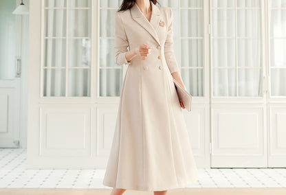 Classic Elegant Feminin Double Breasted Dress / Korean Style Midi Long Dress / Modern Chic Tailored Collar Dress / Jacket Coat Style Dress