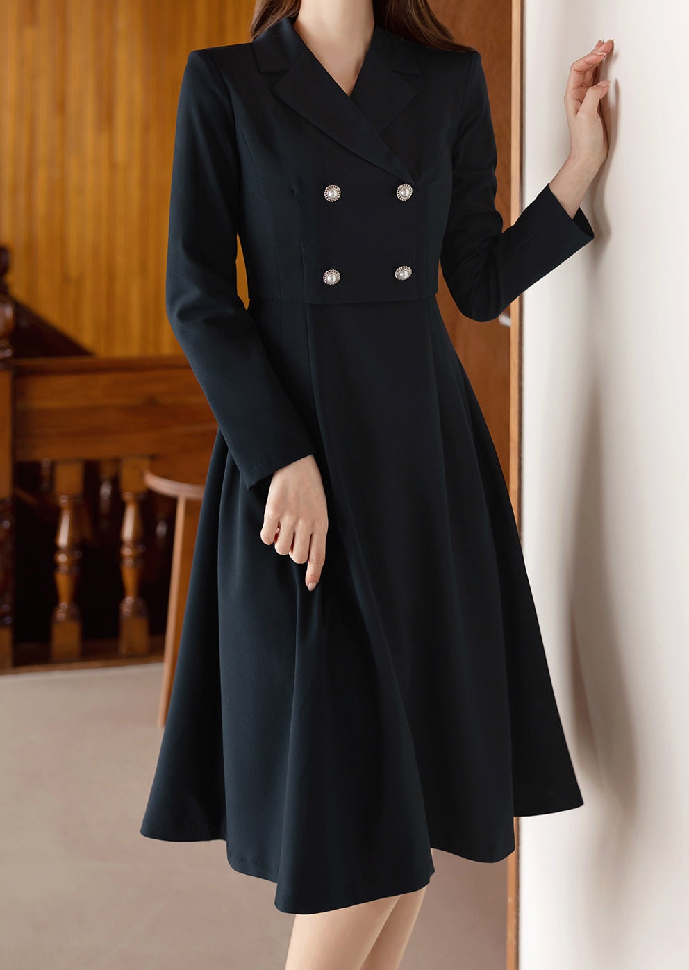 Cropped Jacket Layered Design Flare Dress / Korean Style Women Midi Dress / Elegant Feminin Dress / Basic Style Flare Midi Dress Navy Color