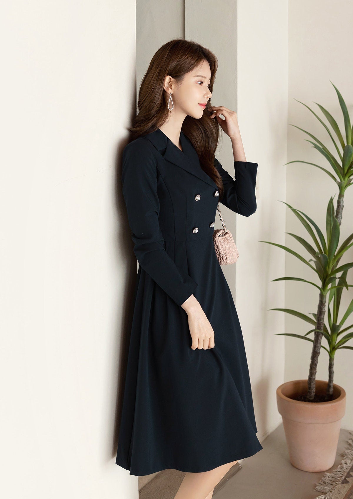 Cropped Jacket Layered Design Flare Dress / Korean Style Women Midi Dress / Elegant Feminin Dress / Basic Style Flare Midi Dress Navy Color