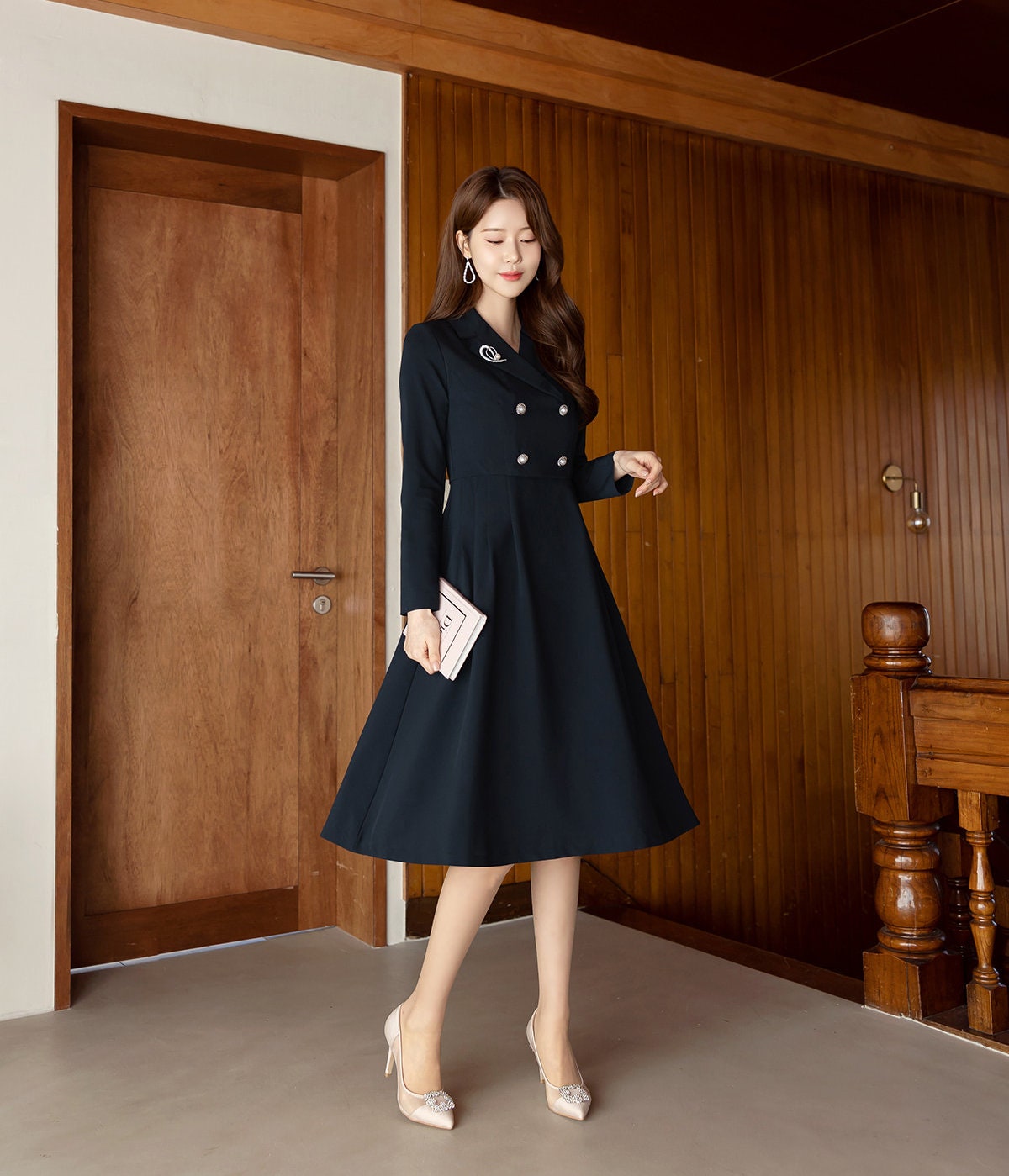 Cropped Jacket Layered Design Flare Dress / Korean Style Women Midi Dress / Elegant Feminin Dress / Basic Style Flare Midi Dress Navy Color