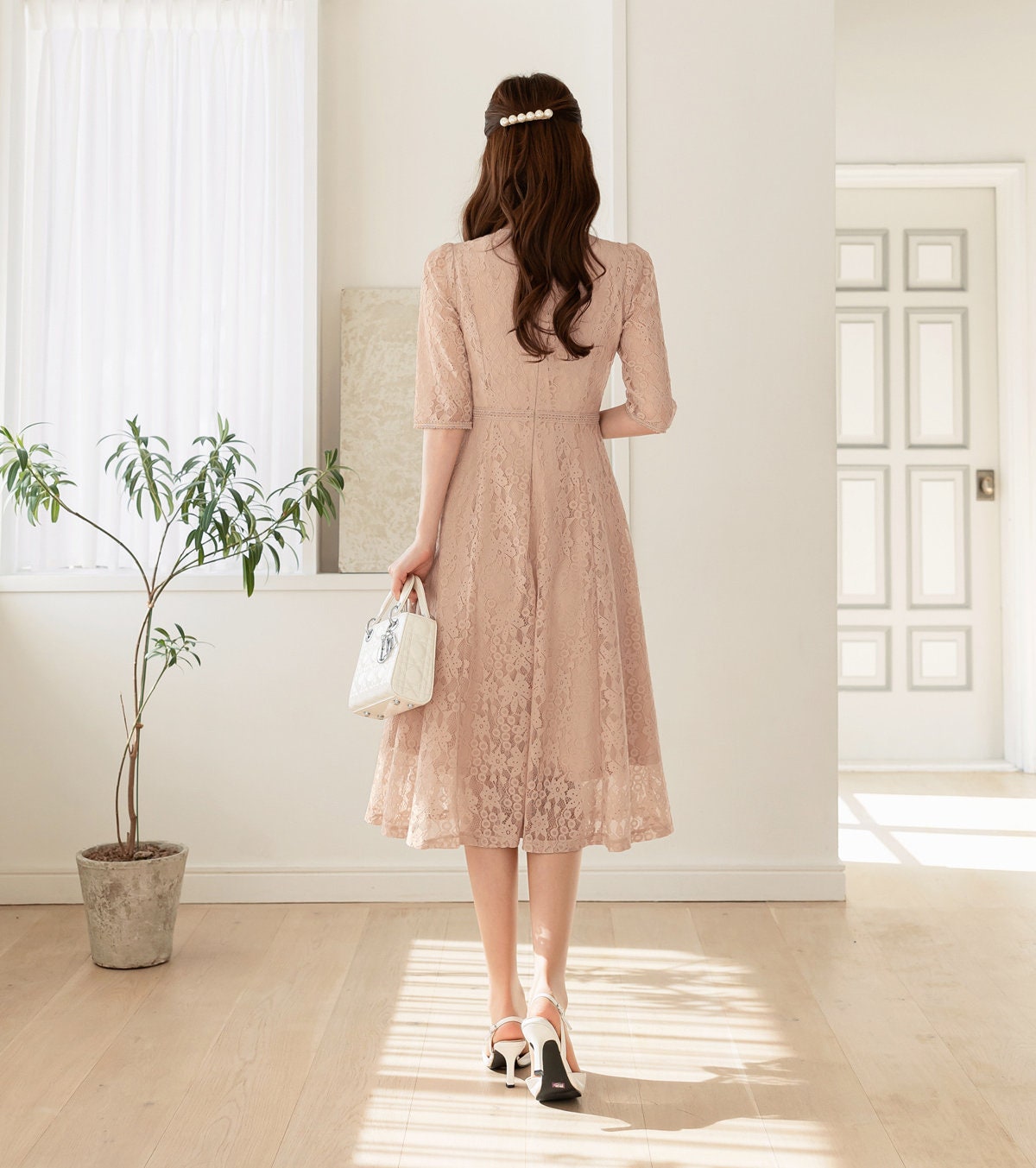 Half Sleeve Floral Pattern Lace Flare Dress / Korean Style Flower Lace Midi Dress / Luxury wear Elegant Dress