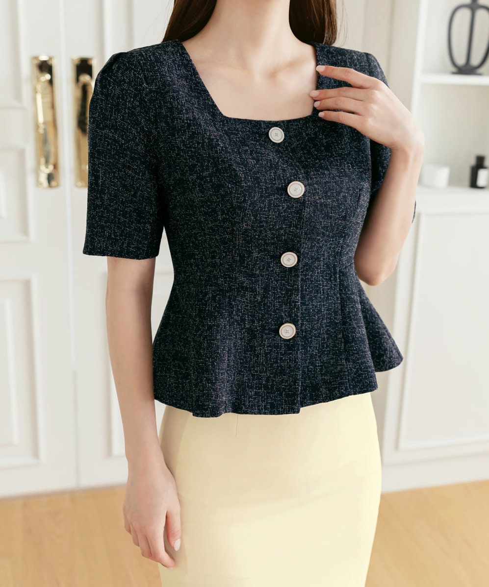 Elegant Feminin Summer Tweed Peplum Top Jacket Blouse / Korean Style Square Neck Top Blouse / Front Button Top Jacket / Daily Top for Women