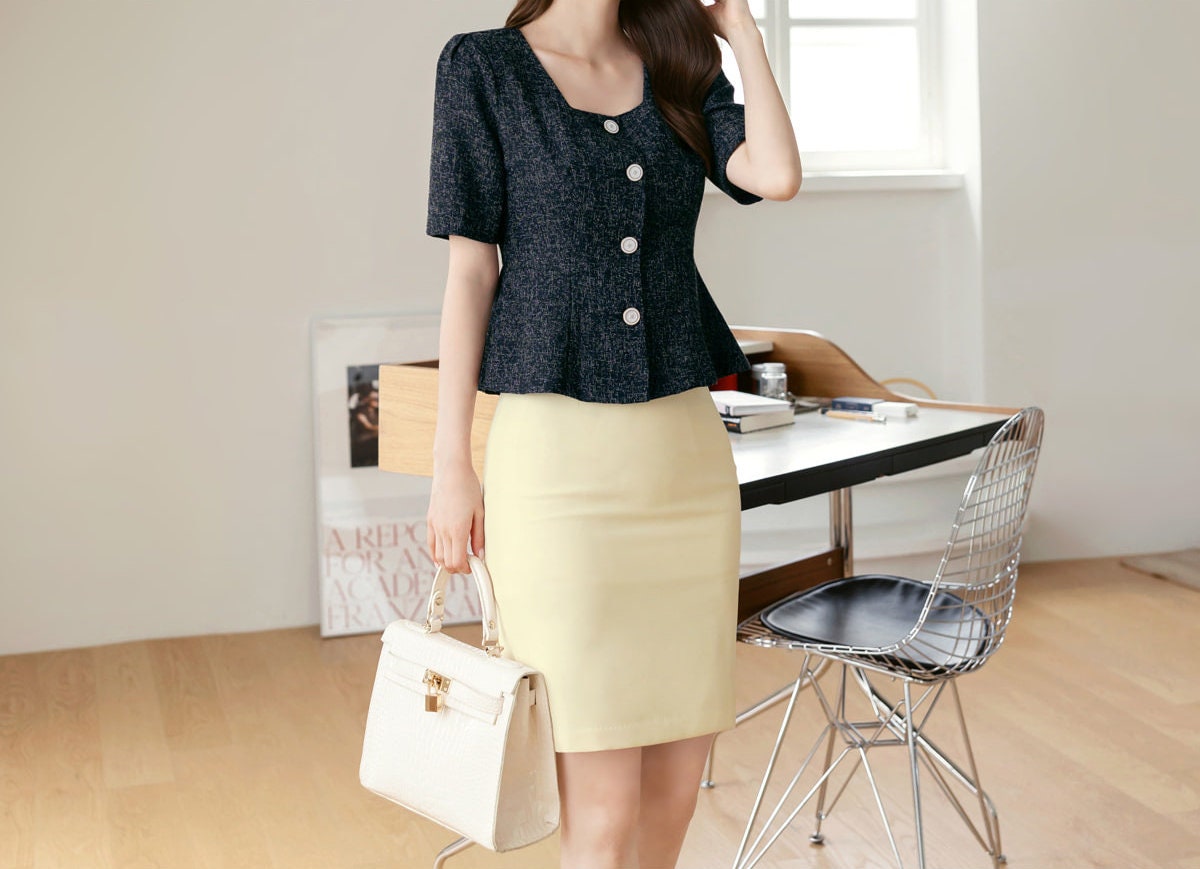 Elegant Feminin Summer Tweed Peplum Top Jacket Blouse / Korean Style Square Neck Top Blouse / Front Button Top Jacket / Daily Top for Women