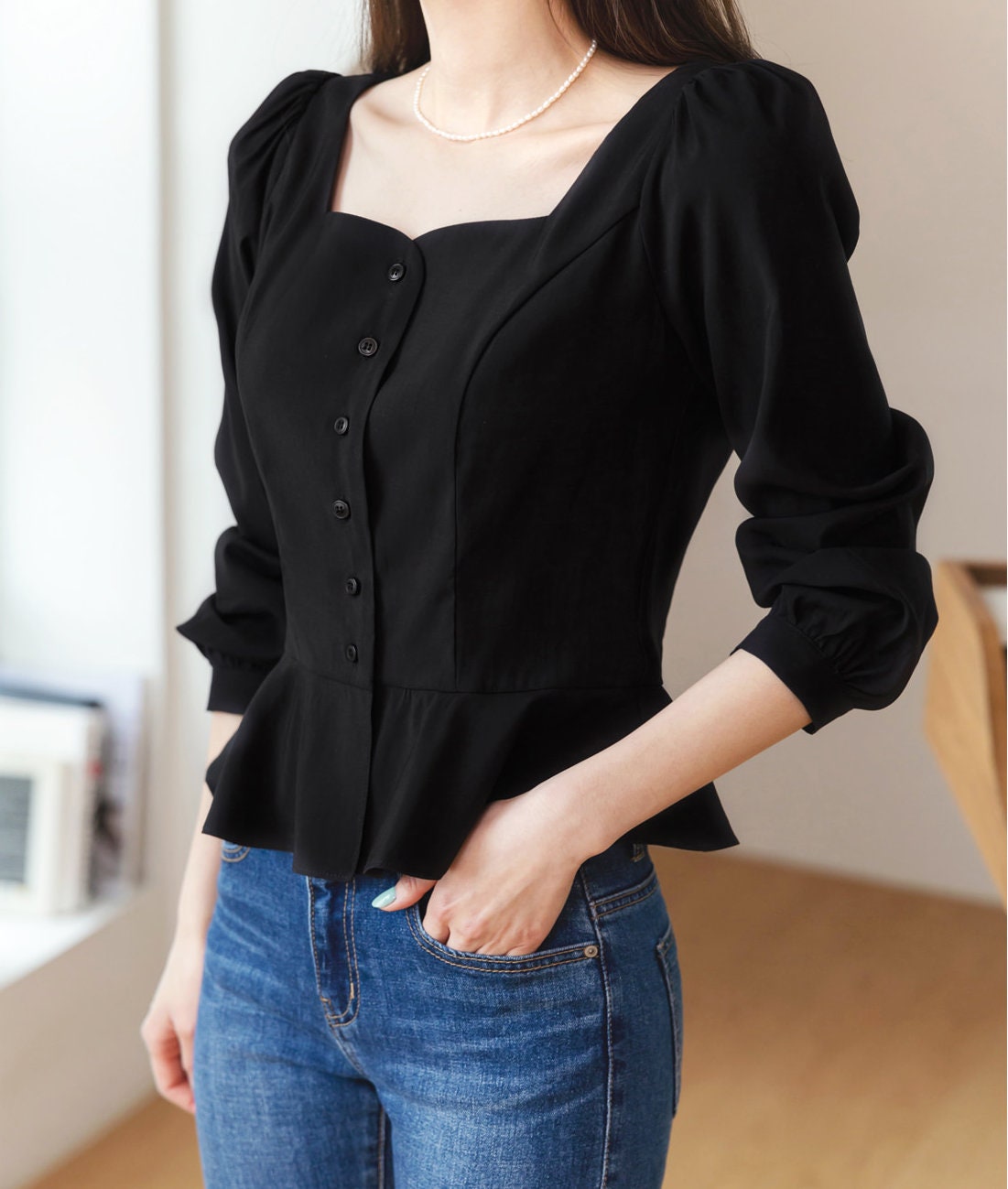 Elegant Feminin Peplum Top Blouse / Korean Style Square Neck Blouse / Front Button Top / Daily Blouse Black Color