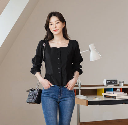 Elegant Feminin Peplum Top Blouse / Korean Style Square Neck Blouse / Front Button Top / Daily Blouse Black Color