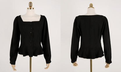 Elegant Feminin Peplum Top Blouse / Korean Style Square Neck Blouse / Front Button Top / Daily Blouse Black Color