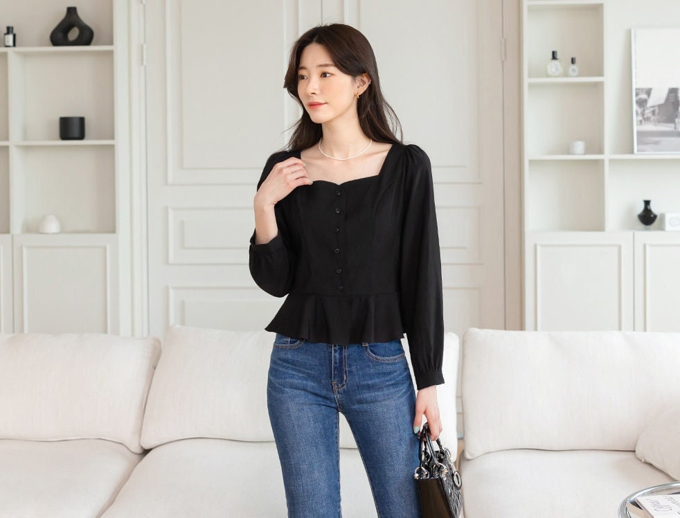 Elegant Feminin Peplum Top Blouse / Korean Style Square Neck Blouse / Front Button Top / Daily Blouse Black Color