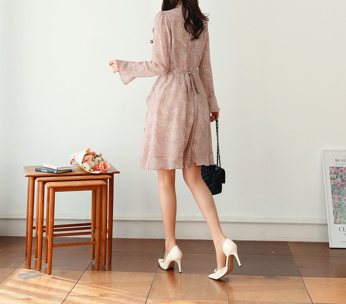 Ruffle Chiffon Long Sleeve Mini Dress / Korean Style Women Dress / V-neck Mini Dress / Bridesmaid Dress