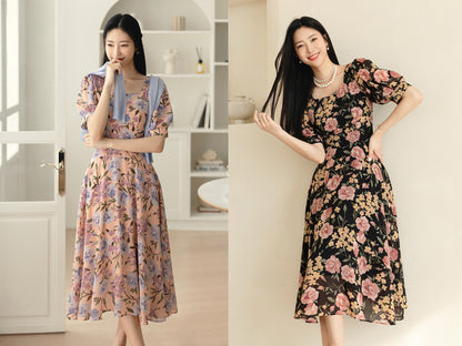 Elegant Feminin Square Neck Chiffon Dress / Korean Style Puff Sleeve Flare Dress / Short Sleeve Midi Dress / Bridesmaid Dress