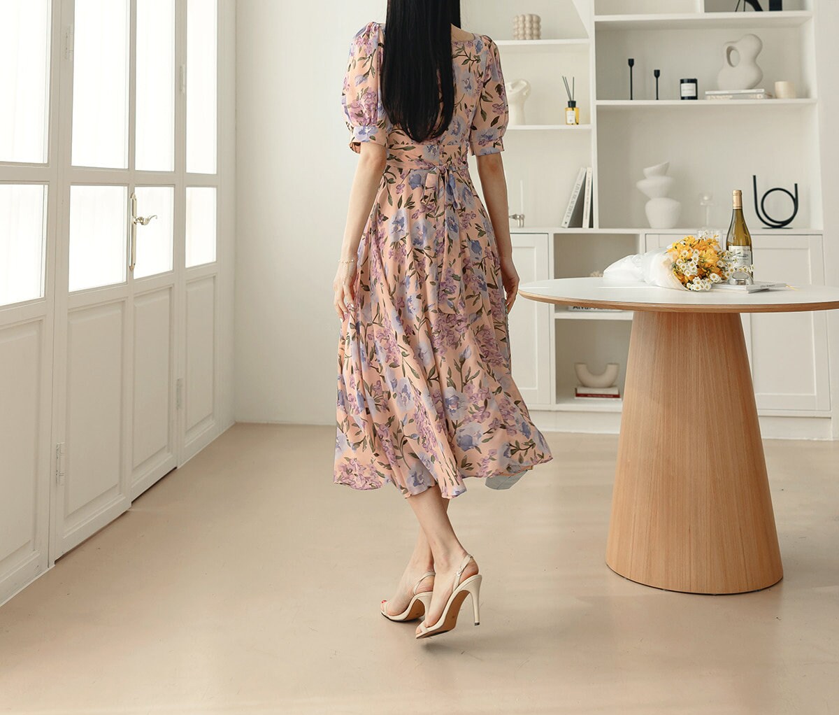 Elegant Feminin Square Neck Chiffon Dress / Korean Style Puff Sleeve Flare Dress / Short Sleeve Midi Dress / Bridesmaid Dress