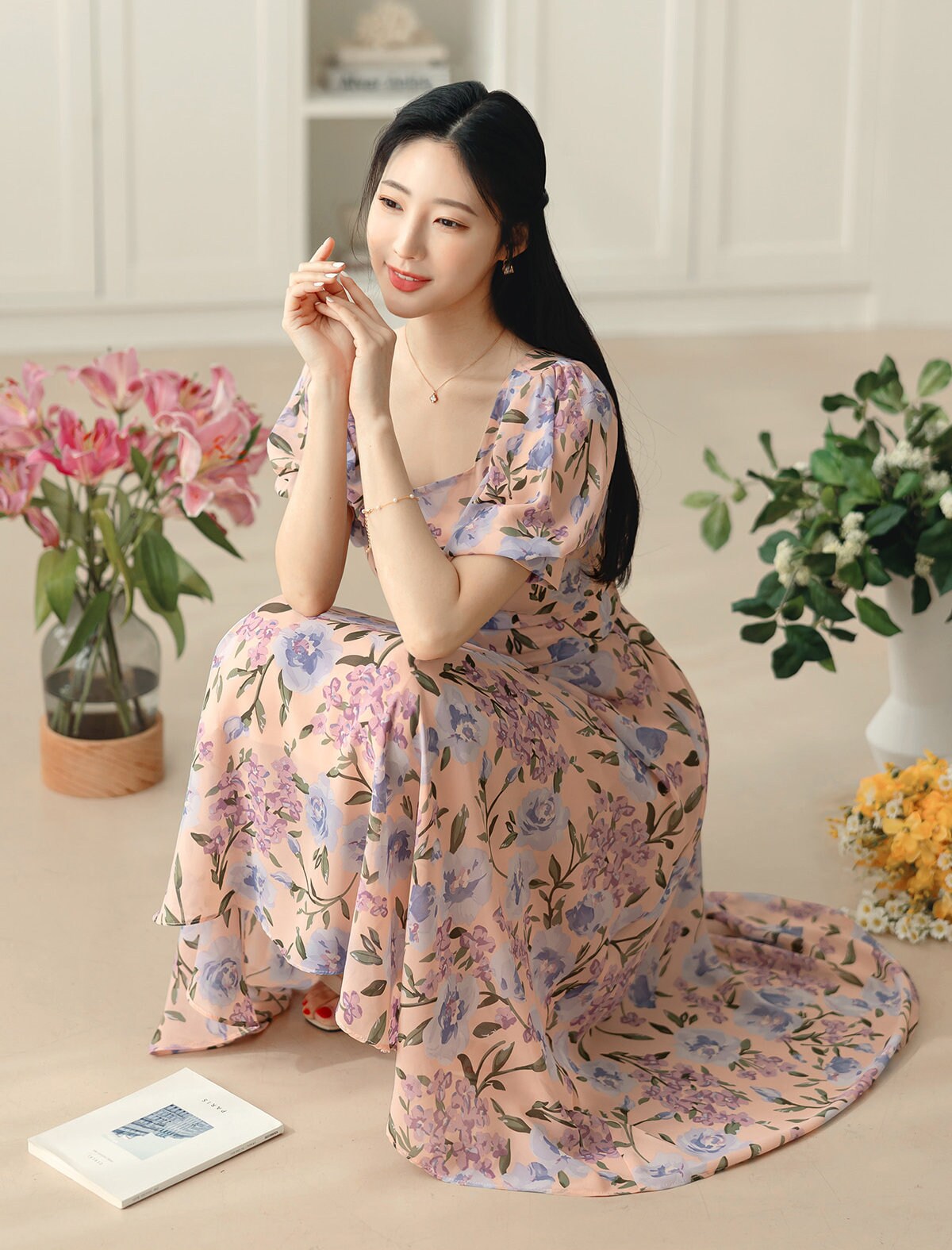 Elegant Feminin Square Neck Chiffon Dress / Korean Style Puff Sleeve Flare Dress / Short Sleeve Midi Dress / Bridesmaid Dress