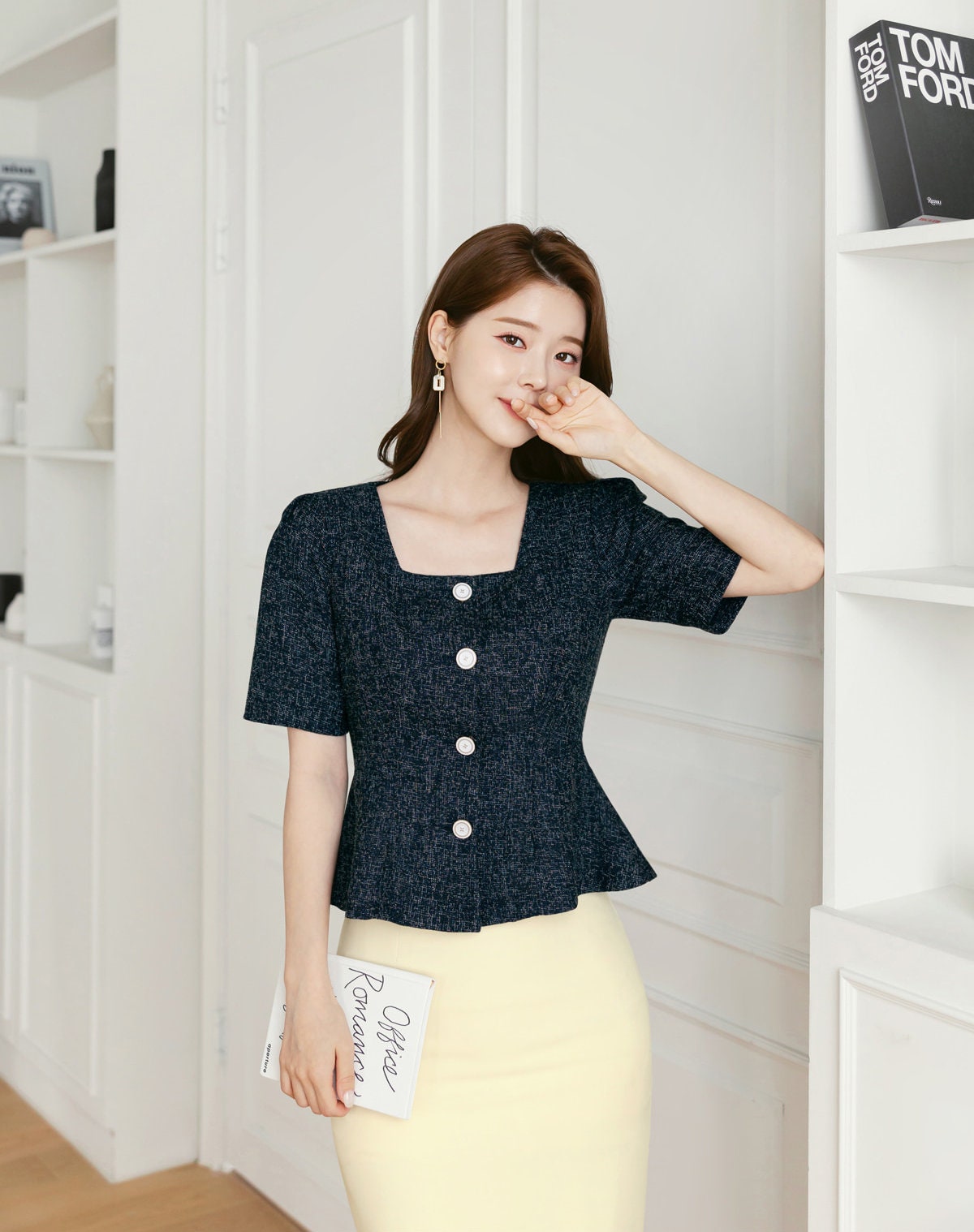 Elegant Feminin Summer Tweed Peplum Top Jacket Blouse / Korean Style Square Neck Top Blouse / Front Button Top Jacket / Daily Top for Women