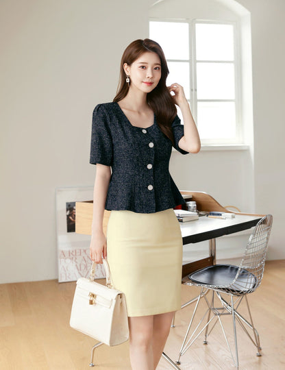 Elegant Feminin Summer Tweed Peplum Top Jacket Blouse / Korean Style Square Neck Top Blouse / Front Button Top Jacket / Daily Top for Women