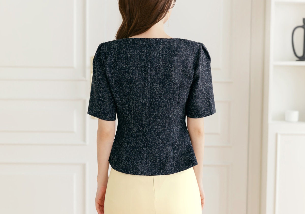 Elegant Feminin Summer Tweed Peplum Top Jacket Blouse / Korean Style Square Neck Top Blouse / Front Button Top Jacket / Daily Top for Women