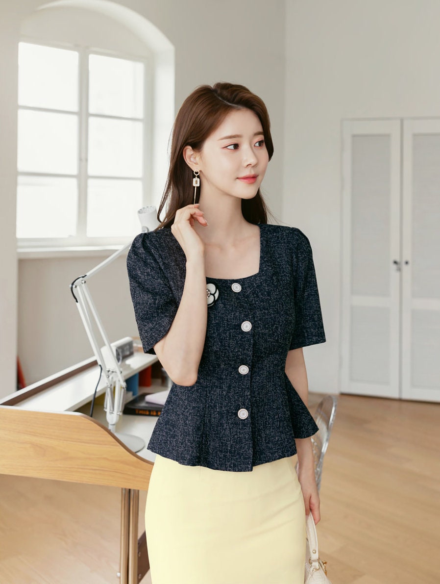 Elegant Feminin Summer Tweed Peplum Top Jacket Blouse / Korean Style Square Neck Top Blouse / Front Button Top Jacket / Daily Top for Women