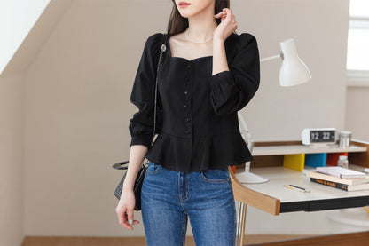 Elegant Feminin Peplum Top Blouse / Korean Style Square Neck Blouse / Front Button Top / Daily Blouse Black Color