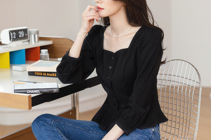 Elegant Feminin Peplum Top Blouse / Korean Style Square Neck Blouse / Front Button Top / Daily Blouse Black Color