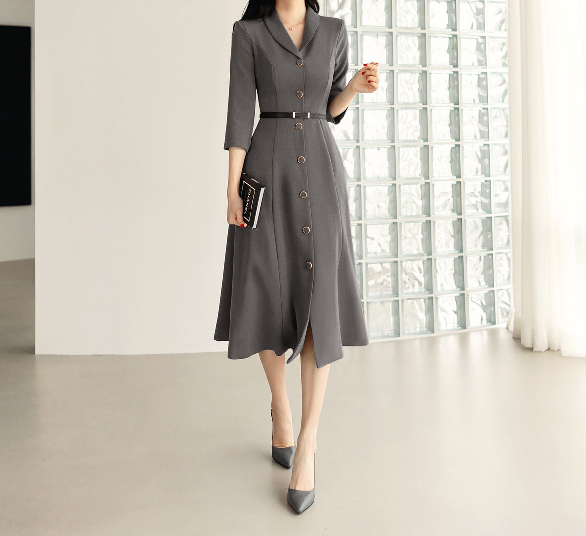 Elegant Feminin Single Button Long Dress with Belt / Korean Style Flare Dress / Modern Chic Midi Dress / Jacket Dress