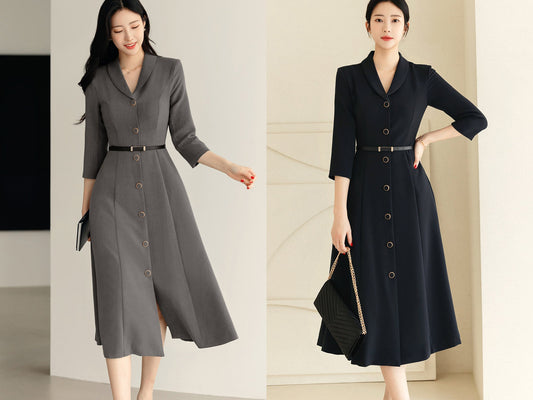 Elegant Feminin Single Button Long Dress with Belt / Korean Style Flare Dress / Modern Chic Midi Dress / Jacket Dress