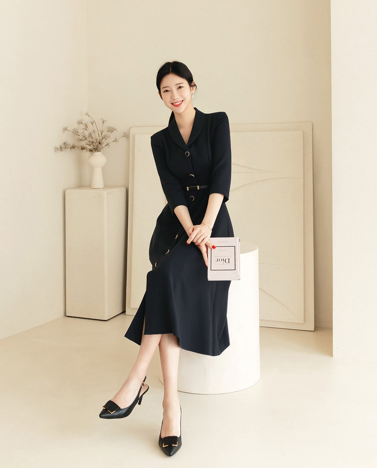 Elegant Feminin Single Button Long Dress with Belt / Korean Style Flare Dress / Modern Chic Midi Dress / Jacket Dress