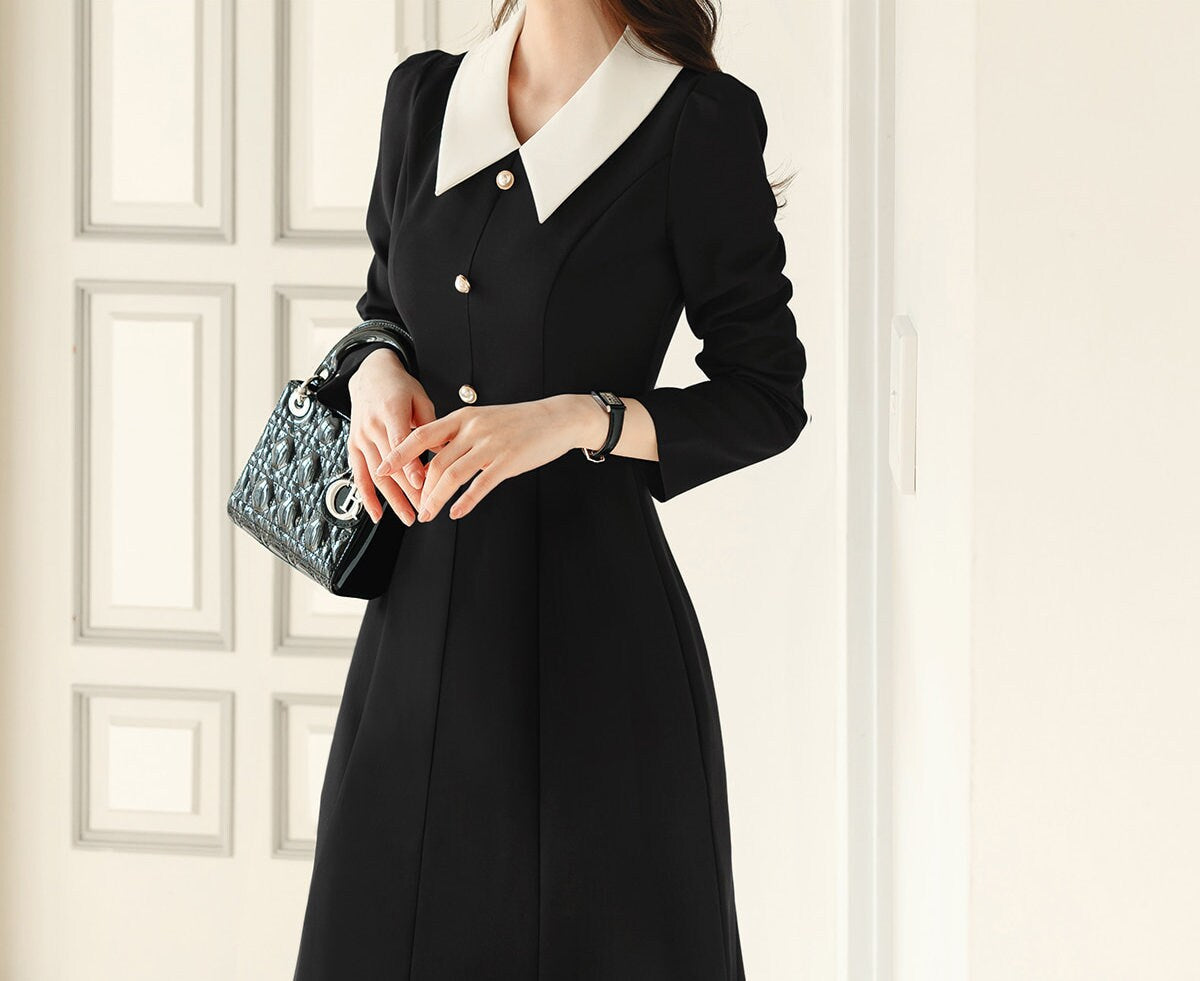 Elegant Feminin Mermaid Slit Dress / Korean Style Women Dress / Long Sleeve Midi Dress