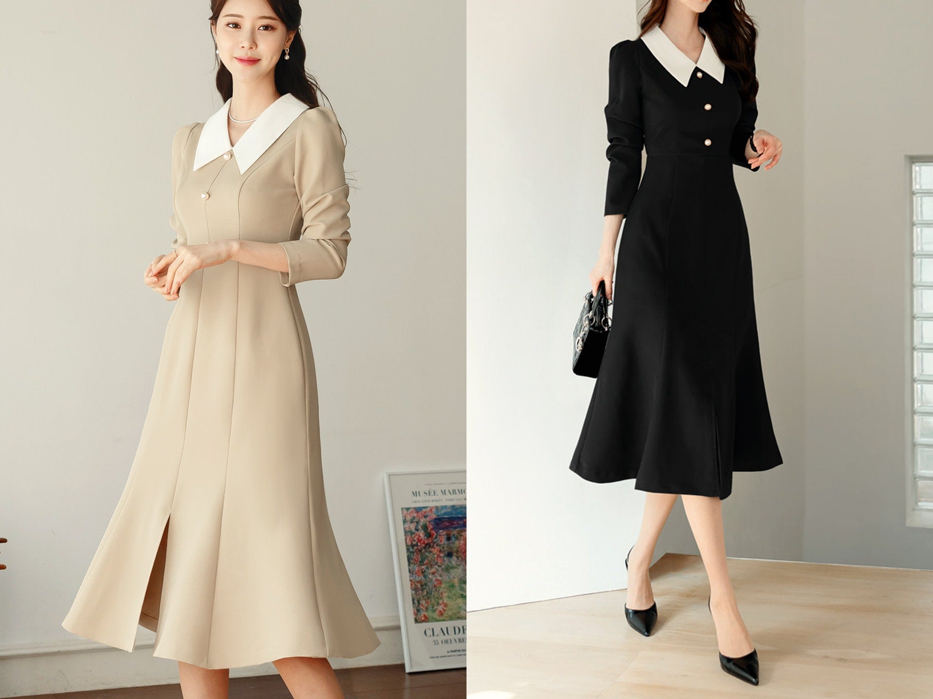 Elegant Feminin Mermaid Slit Dress / Korean Style Women Dress / Long Sleeve Midi Dress