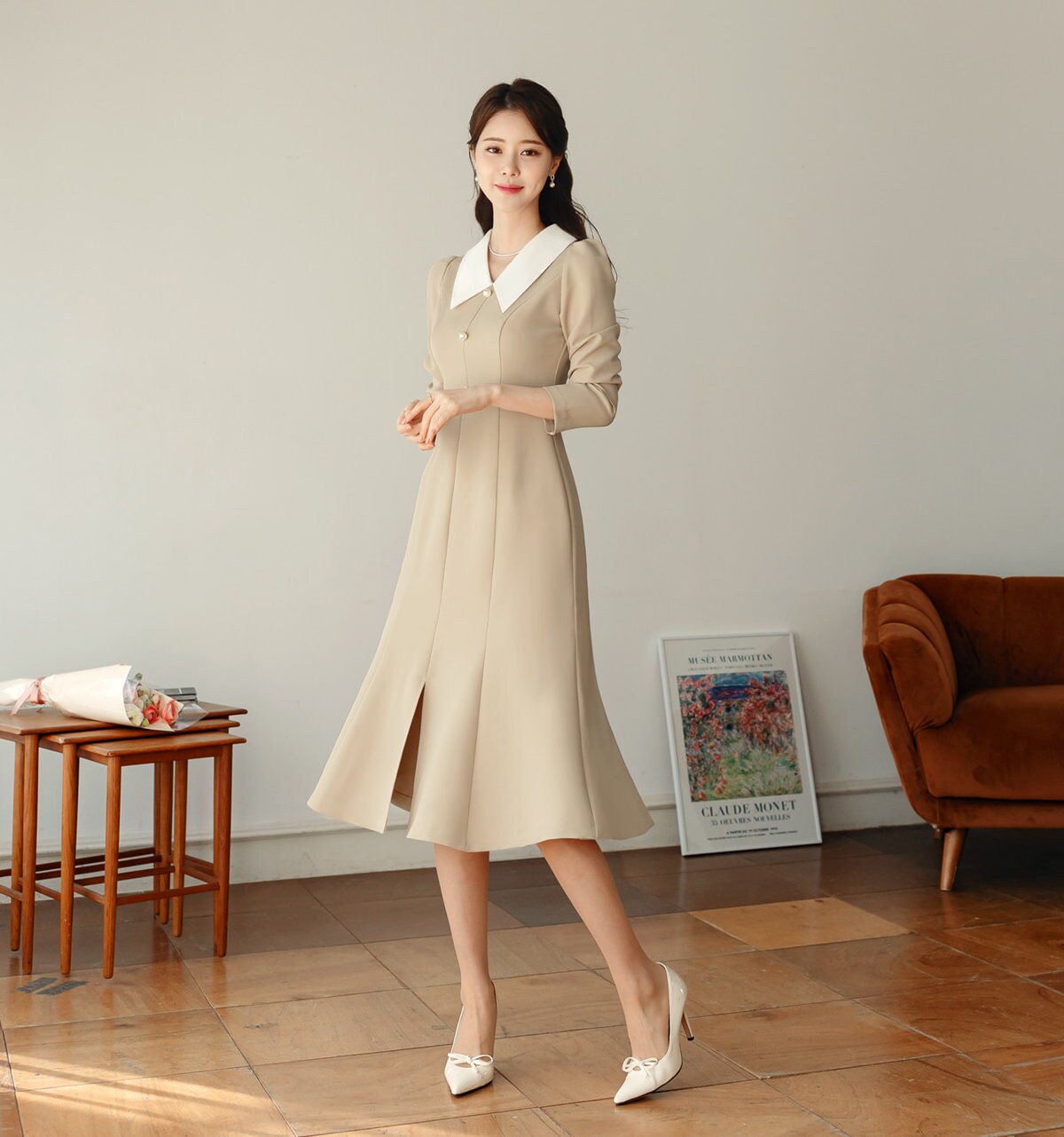 Elegant Feminin Mermaid Slit Dress / Korean Style Women Dress / Long Sleeve Midi Dress