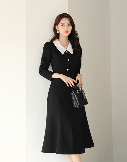 Elegant Feminin Mermaid Slit Dress / Korean Style Women Dress / Long Sleeve Midi Dress