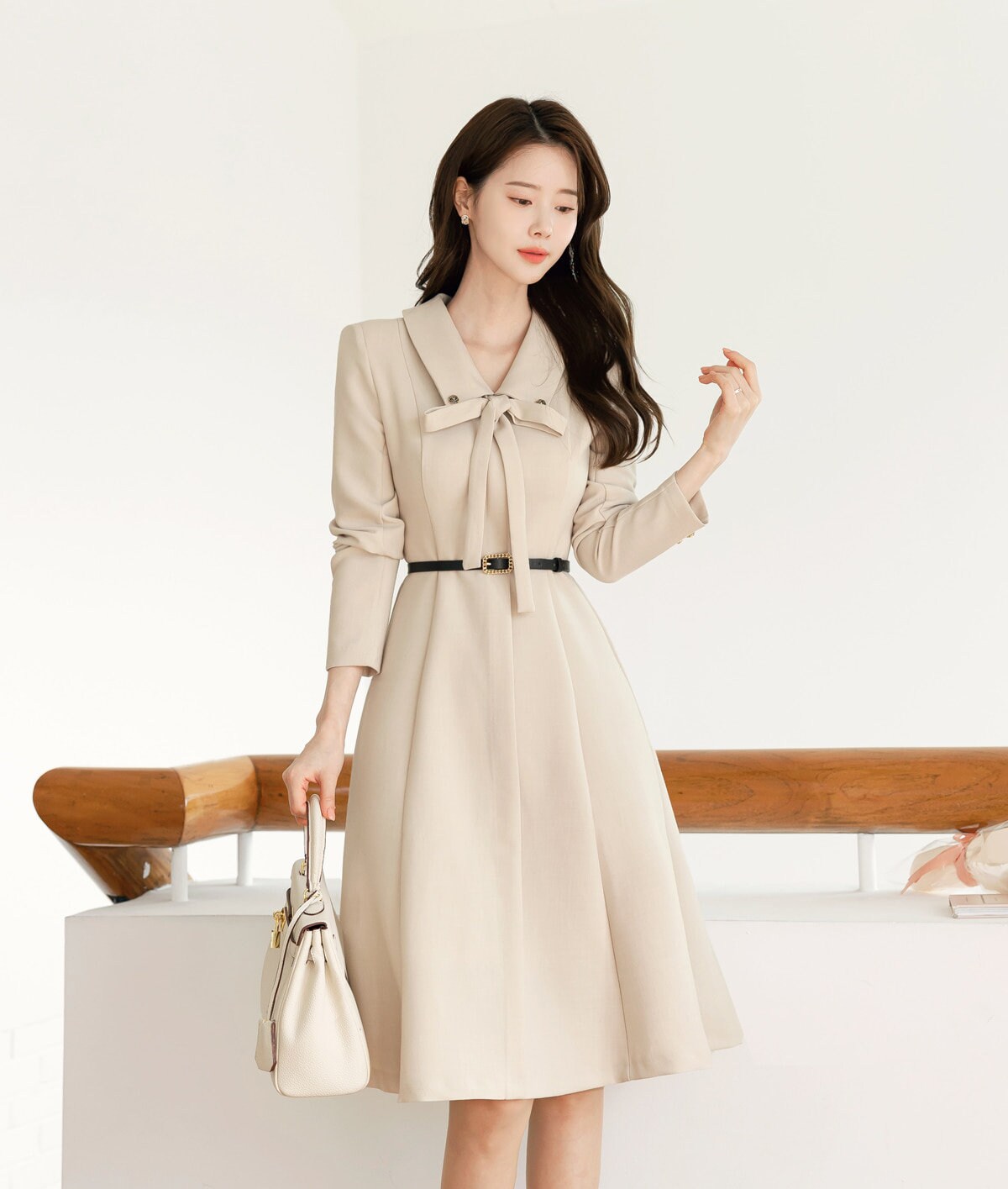 Classic Elegant Feminine Flare Dress with Belt / Korean Style Midi Dress with Long Sleeve / Simple Ribbon Tie Dress with Belt