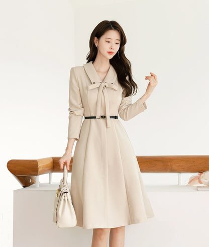 Classic Elegant Feminine Flare Dress with Belt / Korean Style Midi Dress with Long Sleeve / Simple Ribbon Tie Dress with Belt