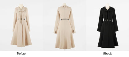 Classic Elegant Feminine Flare Dress with Belt / Korean Style Midi Dress with Long Sleeve / Simple Ribbon Tie Dress with Belt