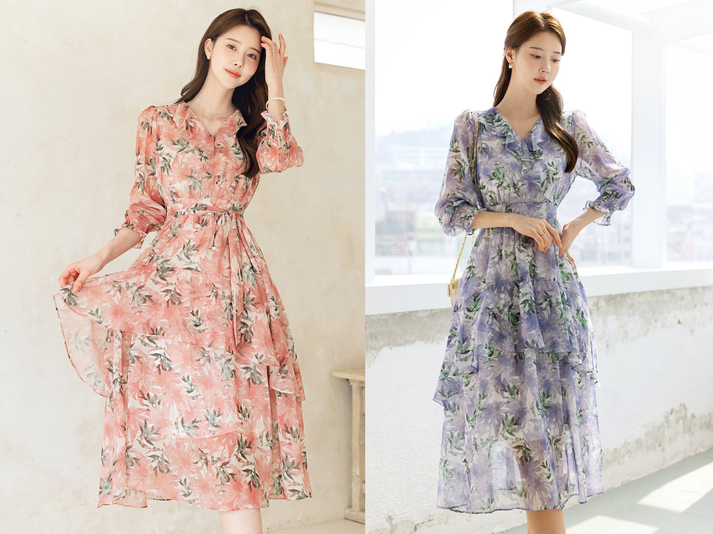 Floral Pattern Spring Summer Rich Ruffle Midi Dress / Korean Style Women Chiffon Dress / Lovely Feminin Style Dress