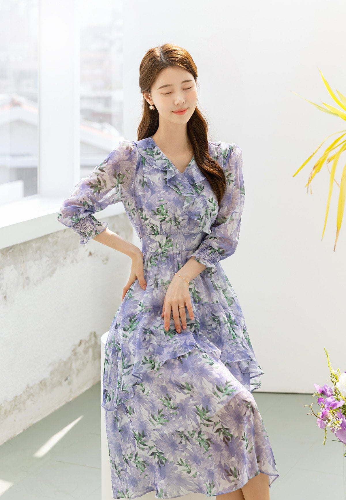 Floral Pattern Spring Summer Rich Ruffle Midi Dress / Korean Style Women Chiffon Dress / Lovely Feminin Style Dress