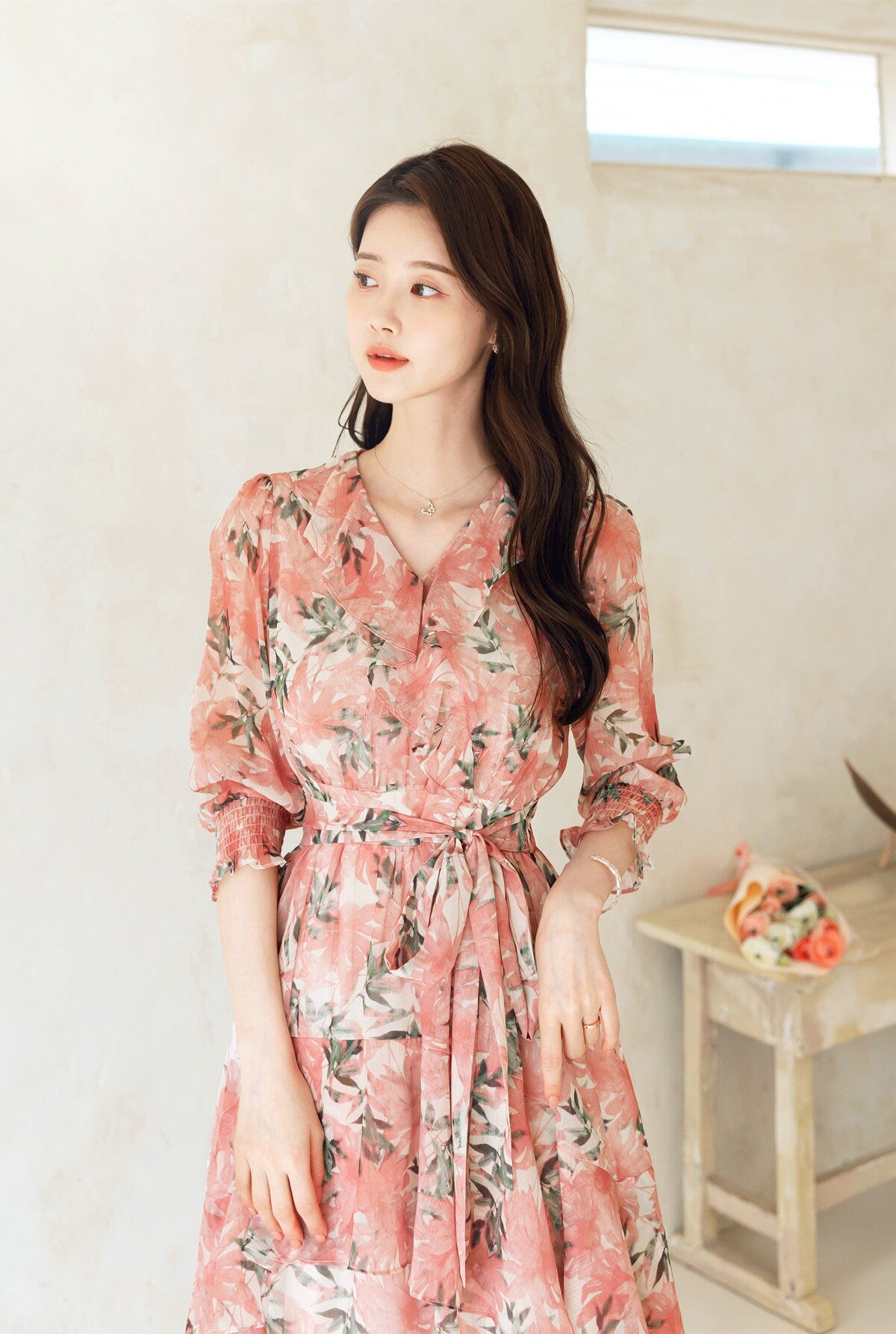 Floral Pattern Spring Summer Rich Ruffle Midi Dress / Korean Style Women Chiffon Dress / Lovely Feminin Style Dress