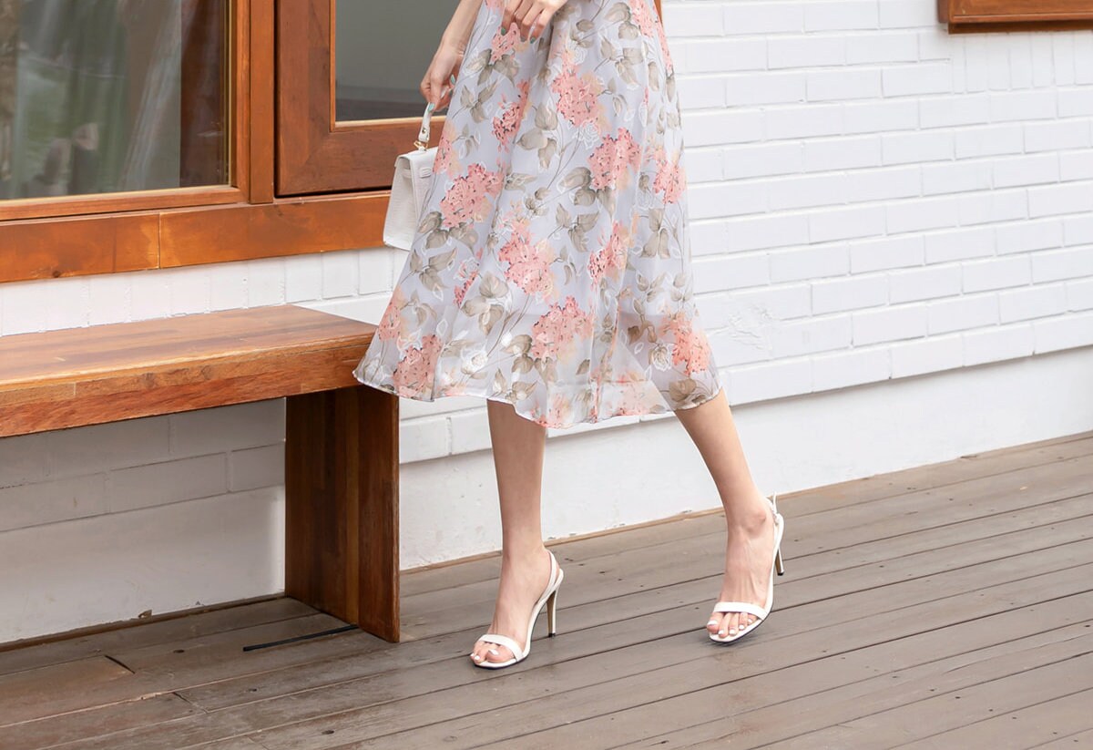 Floral Pattern Spring Summer Square Neck Midi Dress / Korean Style Women Long Dress / Half Sleeve Dress / Feminin Elegant Dress